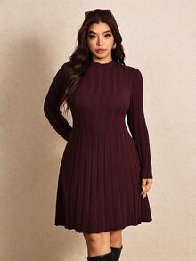 Elaquor Plus Size Women's Solid Color Long Sleeve Casual Knit Dress - Burgundy - View 5