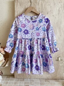 SHEIN Girls Long Sleeve Ditsy Floral Dress Spring Autumn Style 3D Colorful Flower Bow Princess Cake Dress - Purple - View 1