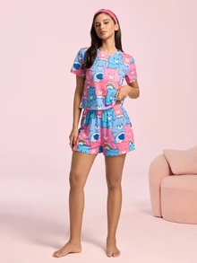 SHEIN X Care Bears Women's Cartoon Print Short Sleeve Top And Shorts Casual Daily Home Pajama Set - Blue - View 5