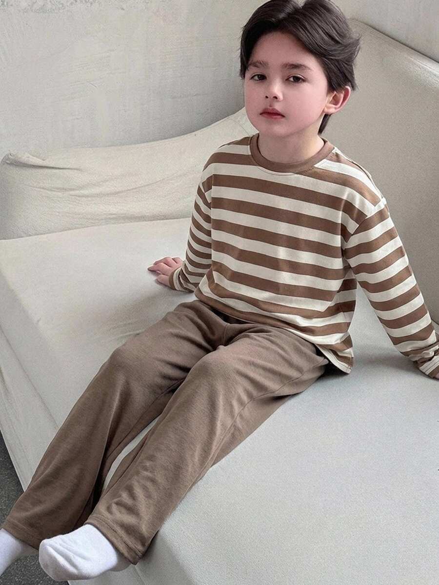 Dazy Kids Bộ đồ mặc nhà và ngủ thường ngày cho bé trai tuổi tween, áo tay dài kẻ sọc và quần dài phong cách casual - Màu Khaki - Xem 1