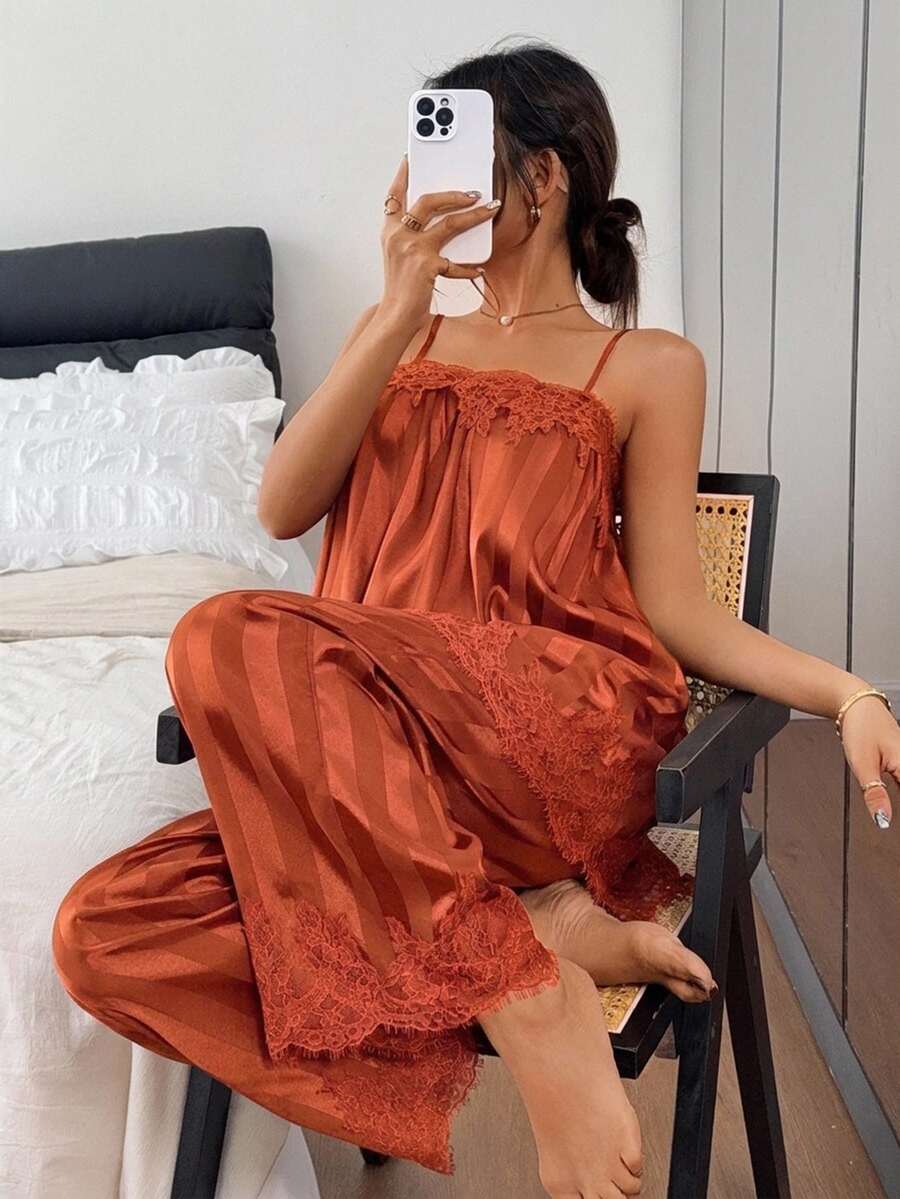 Livesso Women's Elegant Lace Camisole And Pants Pajama Set, Summer - Coral Orange - View 1