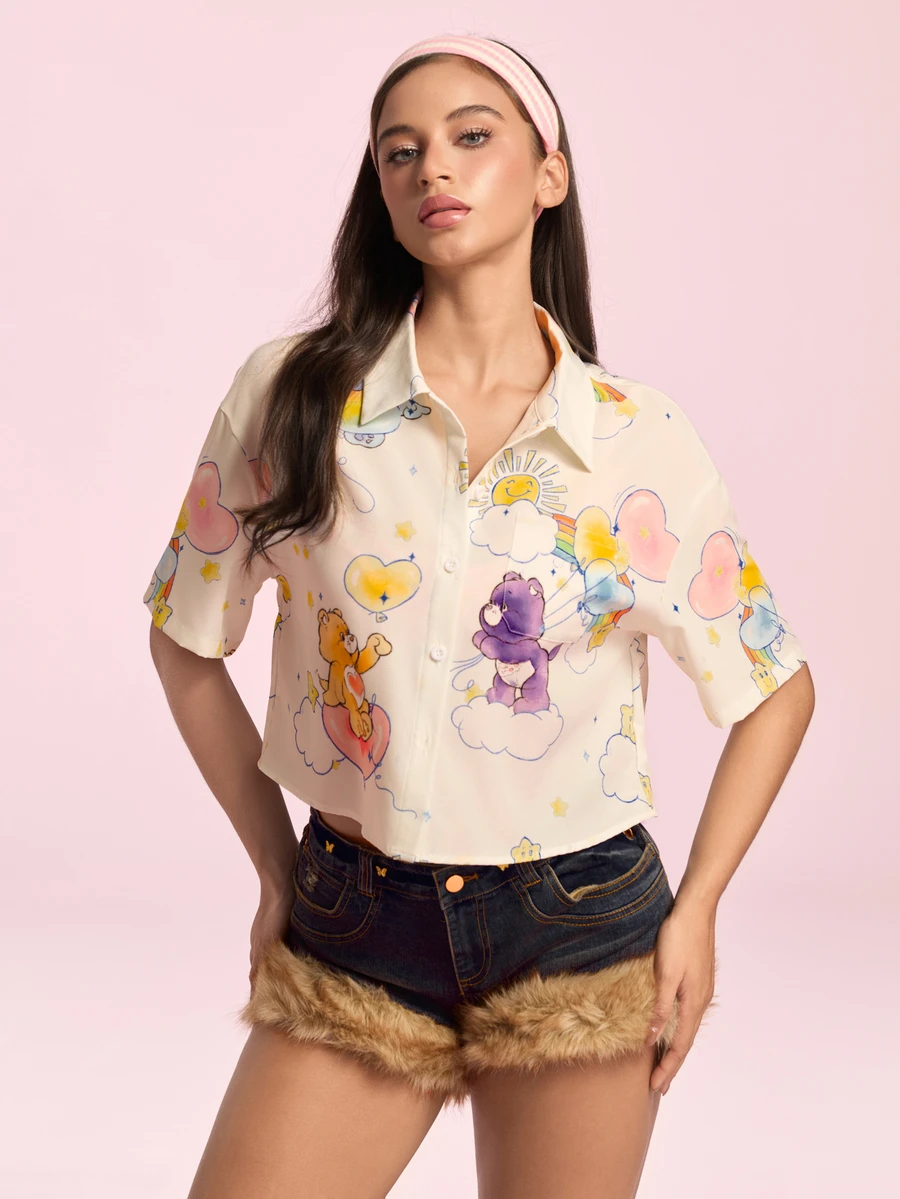 SHEIN X Care Bears 女款卡通印花鈕扣襯衫 - 杏色 - 查看 1