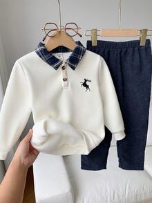SHEIN 2件組兒童小男孩秋冬休閒運動衫與長褲套裝，運動衫套裝，男孩套裝，秋冬套裝，聖誕套裝，綠色套裝 - 藏蓝色 - 查看 4