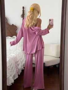DAZY Women's Frill Trim Camisole And Solid Color Long Pants With Cardigan Pajama Set - Pink - View 2