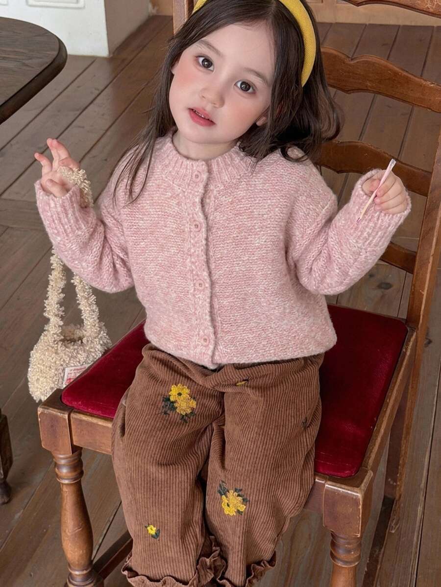 DAZY 女嬰休閒純色單排扣長袖針織衫,學院風秋季款 - 粉色 - 查看 1