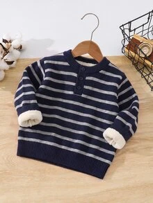 SHEIN Little Byeori 兒童小男孩休閒款柔軟舒適保暖內裡厚針織衫，適合秋冬、學校、家庭聚會 - 藏蓝色 - 查看 2