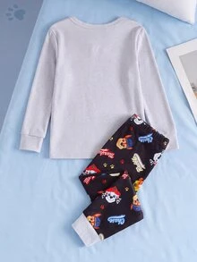SHEIN | PAW Patrol GraphicGems 2件組男嬰時尚卡通家庭成員元素印花舒適圓領長袖上衣與卡通小狗印花長褲，高彈性針織面料修身舒適套裝，適合居家、外出，百搭 - 灰色 - 查看 2