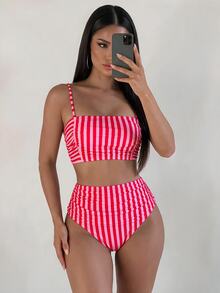 Swim Vcay Spring/Summer 2 Pieces Women's Beachwear Set, Fashionable Cute Sexy Vacation Seaside Swimming Pool Party Random Print Striped Multicolor Bandeau Top And Ruched Bikini Bottoms - Multicolor - View 3