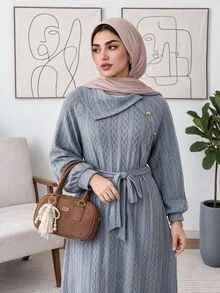 Solavon فستان حفلة كاجوال للنساء بمقاس كبير بلون موحد مع عقدة عند الخصر - الأزرق - مشاهدة 4