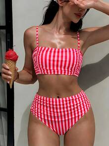 Swim Vcay Spring/Summer 2 Pieces Women's Beachwear Set, Fashionable Cute Sexy Vacation Seaside Swimming Pool Party Random Print Striped Multicolor Bandeau Top And Ruched Bikini Bottoms - Multicolor - View 5