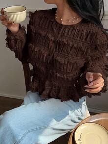 Serisse Women's Elegant Autumn Date Night Chiffon Lace Blouse,Round Neck Button Front Ruffle Hem Shirt,Casual Spring Fall/Winter Tops,Back To School - Brown - View 1