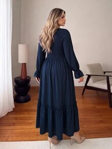 Vionelle Plus Size Women's Casual Woven Textured Solid Color Ruffle Waist Long Dress - Navy Blue - View 2