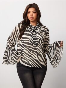 Enliva Plus Size Zebra Print Tie Neck Ruffle Sleeve Blouse Compatible With Apple Body - Black and White - View 4