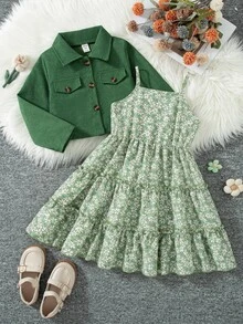 SHEIN Vintaside Kids 女童小燈芯絨夾克花卉細肩帶背心 7 歲生日禮物洋裝 2 件套上衣 翻領短款長袖內搭 秋季嬰兒 - 綠色 - 查看 3