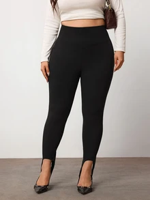 Enliva Plus Size High Waist Stirrup Leggings Tummy Control Everyday Shaping Pants - Black - View 6