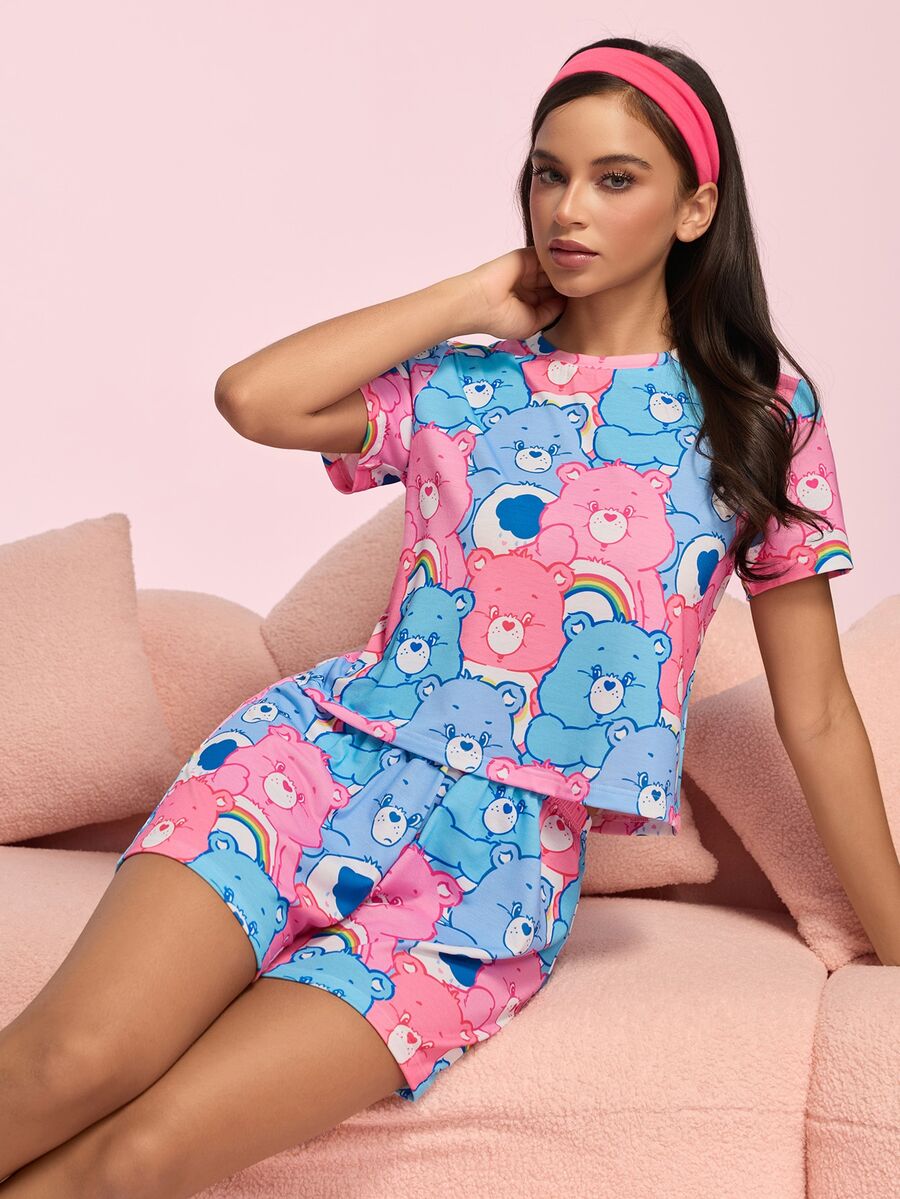 SHEIN X Care Bears Women's Cartoon Print Short Sleeve Top And Shorts Casual Daily Home Pajama Set - Blue - View 1