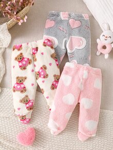 SHEIN 3件組女嬰冬季長褲，奶油色、淺粉色、粉色，柔軟甜美風草莓花蝴蝶結滿版印花，鬆緊腰，寬鬆直筒版型 - 灰色 - 查看 2