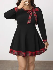 Enliva Plus-Size Women's Plaid Patchwork Tie-Waist Long-Sleeved Dress Apple,Rounded Body - Multicolor - View 4