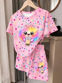 Tween女孩休閒極簡可愛趣味軟綿綿包子圖案、亮片、水鑽包子、紮染圓領短袖T恤，適合夏季，Kawaii風格圖案上衣，外出穿搭上衣，舒適好穿 - 彩色 - 查看 4