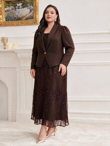 Modelyn Plus Size Women Solid Color Shawl Collar Long Sleeve Jacket And Sequin Spaghetti Strap Dress Elegant 2 Pieces Set - Coffee Brown - View 6
