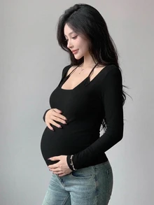 DAZY Solid Color Slim Fit Halter Neck Long Sleeve Elegant Vacation Korean Style Spring/Autumn Maternity T-Shirt - Black - View 7