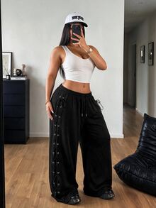 POPSWAY Plus Size Women's Solid Color Lace-Up Design Casual Versatile Long Pants - Black - View 5