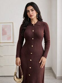 Modelyn Đầm len dệt kim nữ size lớn màu trơn phong cách thường ngày mùa hè - Cà phê nâu - Xem 5
