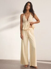 Ocili Women's Ruffled Hem Halter Top And Pants Pajama Set - Beige - View 7