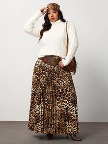 Enliva Plus-Size Women's Retro Brown Leopard Print Pleated Midi Skirt Apple,Rounded Body - Multicolor - View 5