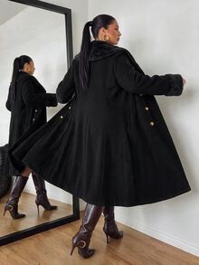 POPSWAY Plus Size Fur Collar Long Loose Coat - Black - View 2