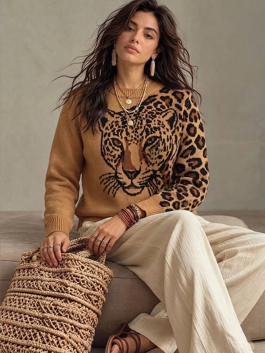 Linhara CURVE Plus Size Minimalist Casual Daily Long Sleeve Pullover Sweater, Winter Knit Pullover Fall Autumn - Beige - View 1