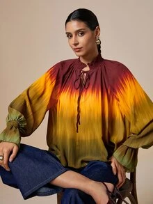 LOTSLUV Women's Autumn Elegant Colorful Gradient Print High Neck Long Sleeve Loose Blouse - Multicolor - View 6