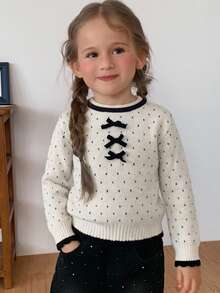 Hapijoa Young Girl Bow Decor Polka Dot Colorblock Casual Long Sleeve Sweater - White - View 5