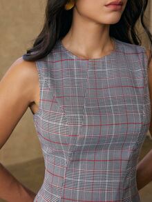 Anewsta Women's Autumn/Winter Modern Commute Welsh Plaid 3D Waist-Cinched Asymmetric Ruffle Hem Sleeveless Top - Grey - View 4