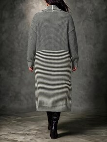 Ceyna 大尺碼女款寬鬆休閒條紋長袖開襟衫，適合冬季日常穿著 - 淺灰色 - 查看 2