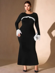 Cravure Plus Size Women Elegant Elegant Lace Patchwork Contrast Color Party Evening Maxi Dress - Black - View 6