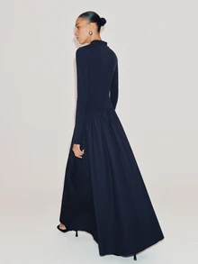 Anewsta Essential Women's Elegant Commute Autumn Red Knit Lyocell Woven Patchwork Loose Fit Dress - Navy Blue - View 2
