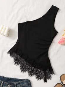 SHEIN 青少年女孩休閒單肩背心上衣 純黑色蕾絲飾邊不對稱下擺 柔軟針織面料 無袖細肩帶外出穿搭上衣 - 黑色 - 查看 3