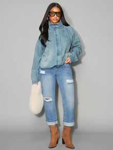 NYA SZN Project NYA WESTBROOK Denim Cropped Mom Jean Ripped Destructed Everyday Luxury Basic Chic Cute Casual Festival Going Out Light Wash Fall Winter - Light Wash - View 7