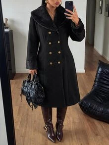 POPSWAY Plus Size Fur Collar Long Loose Coat - Black - View 6