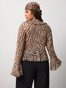 Enliva Plus Size Zebra Print Stretch Mesh Ruffle Front Top Compatible With Apple Body Round Body - Brown - View 2
