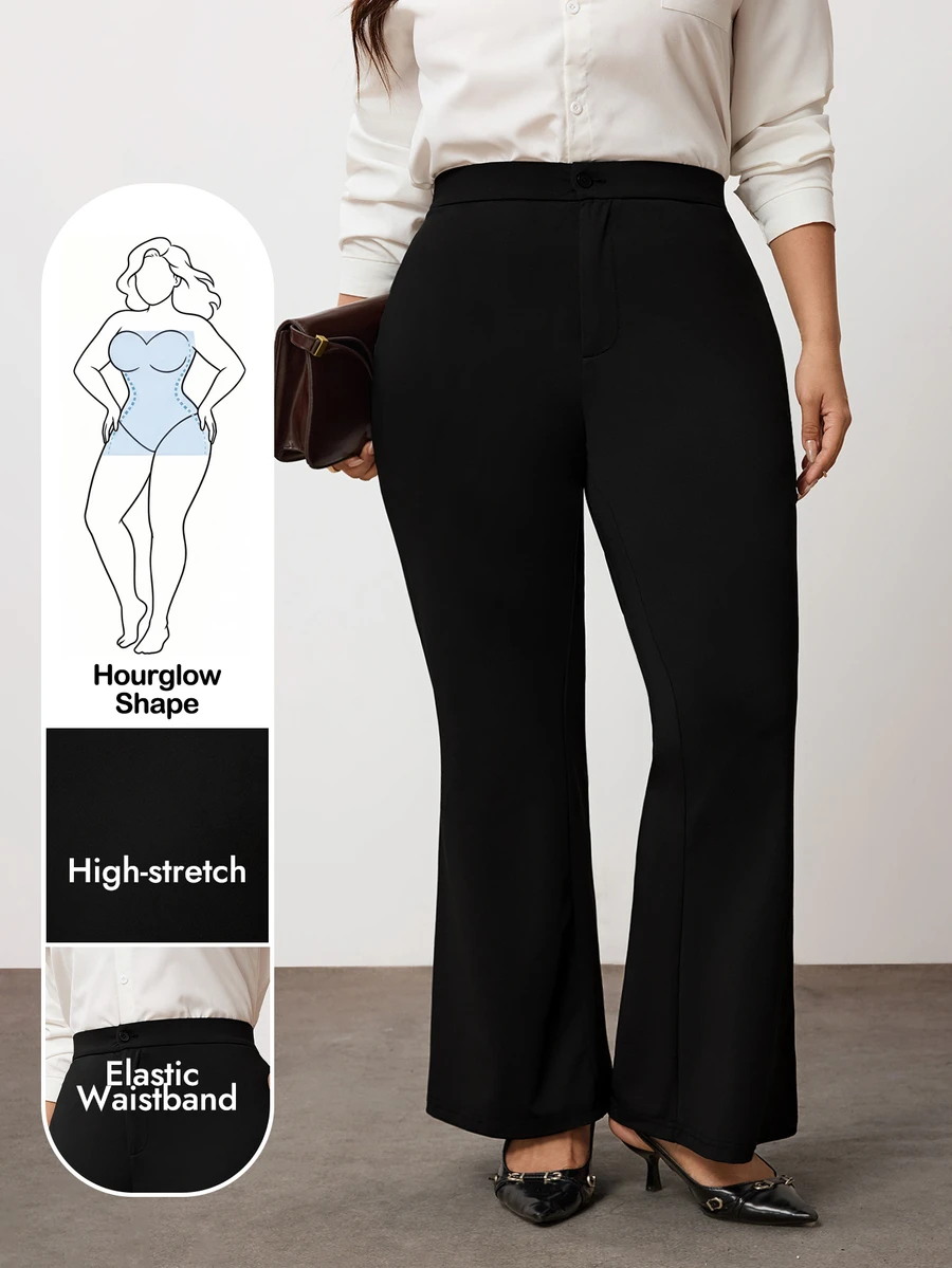 Enliva Plus Size High Waist Slight Flare Tailored Pants With Back Elastic Waist For Hourglass - Black - View 1
