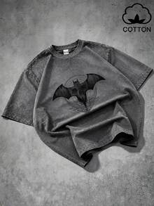 BATMAN X SHEIN GENIUS ODE 男士休閒日常必備 Ins 風格品牌寬鬆版型復古水洗 T 恤 - 灰色 - 查看 1