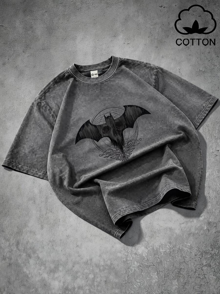 BATMAN X SHEIN GENIUS ODE 男士休閒日常必備 Ins 風格品牌寬鬆版型復古水洗 T 恤 - 灰色 - 查看 1