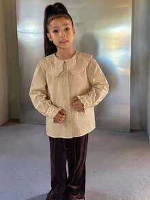Dazy Kids 青少年女孩秋季服飾 女孩 (大號) 蕾絲娃娃臉泡泡袖長袖甜美襯衫 - 杏色 - 查看 4