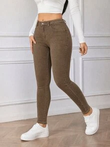 Flexra Celana Jeans Denim Slim Fit Kasual dengan Motif Cuci Gaya Y2K - Coklat - View 4