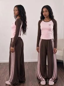 SHEIN Teen Girls Fall Outfits Fall Tops 2pcs/Set Striped Brown Comfortable Casual Fashion Sports Crew Neck Short Long Sleeve T-Shirt + Loos... - Multicolor - View 1