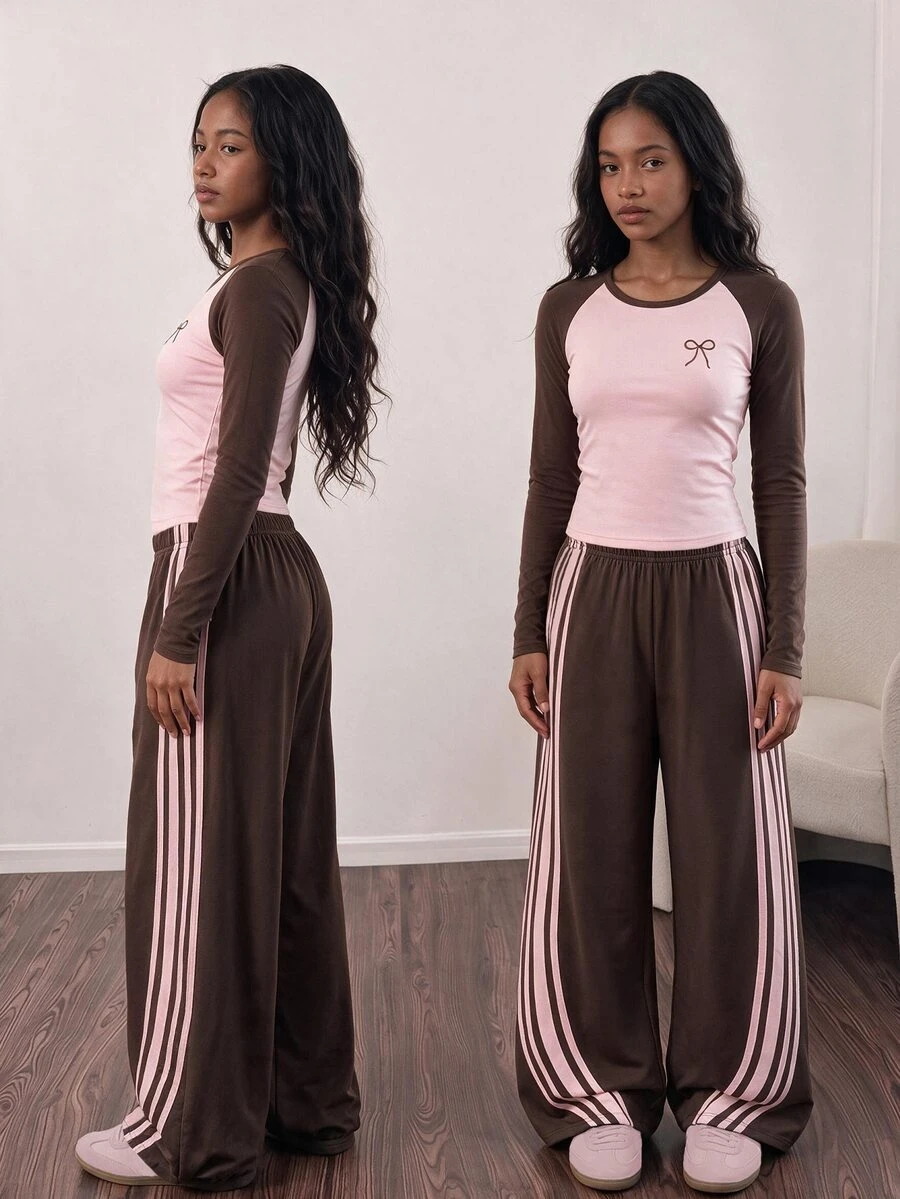 SHEIN Teen Girls Fall Outfits Fall Tops 2pcs/Set Striped Brown Comfortable Casual Fashion Sports Crew Neck Short Long Sleeve T-Shirt + Loos... - Multicolor - View 1