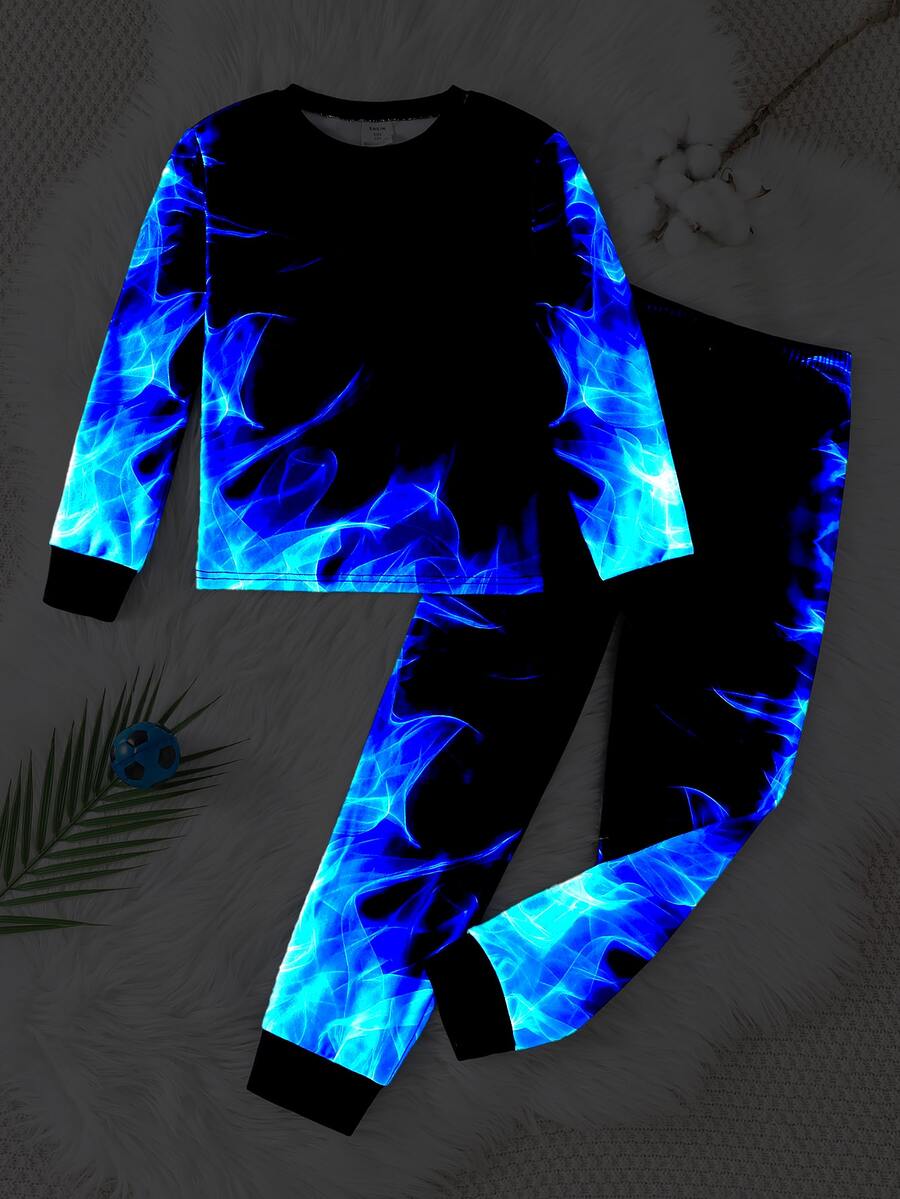 SHEIN Tween Boy Glow-In-The-Dark Flame Print Long Sleeve Top And Pants Pajama Set - Multicolor - View 1