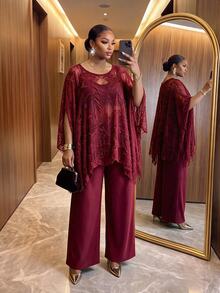 SHEIN Lady CURVE Plus Size Women's Round Neck Top And Pants Casual Daily 2 Pieces Set - Burgundy - View 1